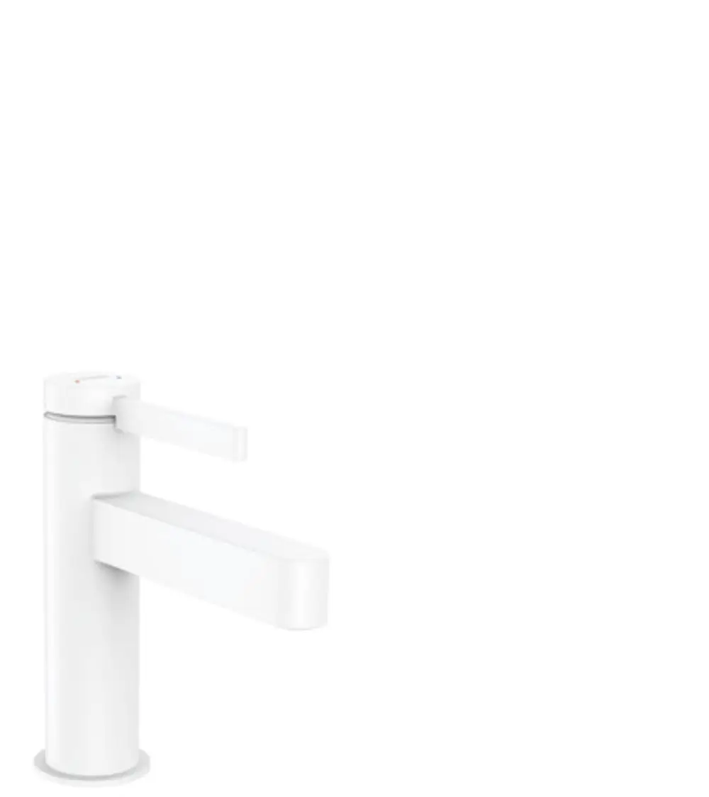 Weißer Waschtischmischer mit schlankem Design und seitlichem Hebel, von Hansgrohe, für moderne Badezimmer. Push-Open Ablaufgarnitur ist integriert.